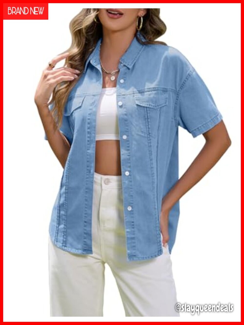 Women's Short Sleeve Denim Button Down Shirt with Pockets, Drop Shoulder, 95%